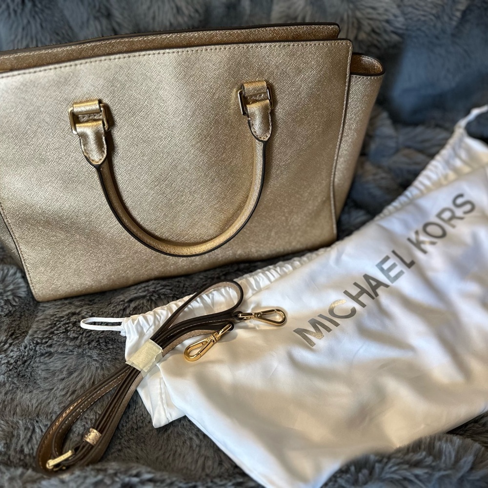 Michael KORS Gold Selma Saffiano Large Satchel Crossbody & Dust Bag